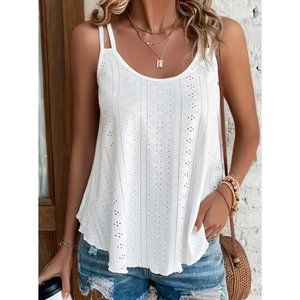 Boho Eyelet Cutout Flowy Tank Top Strappy Sleeveless White